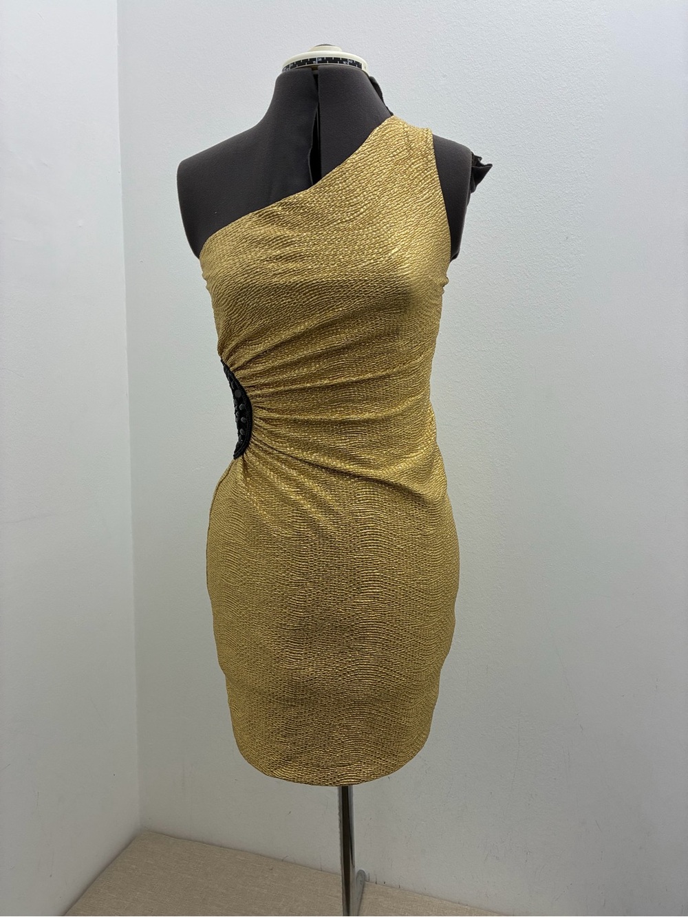 Hailey Logan Metallic Gold One-Shoulder Cocktail Dress